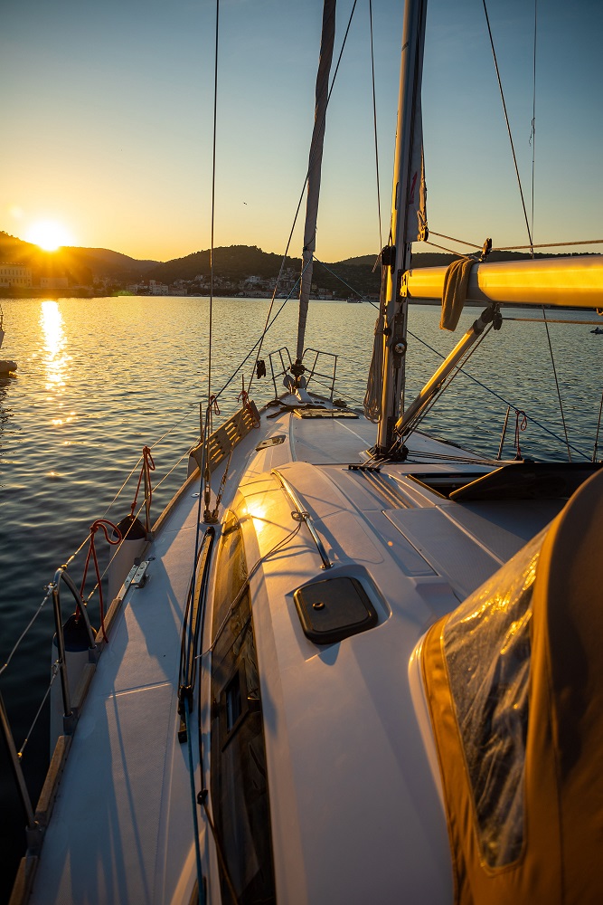 luxury yacht in the marina at sunset lights in Croatia